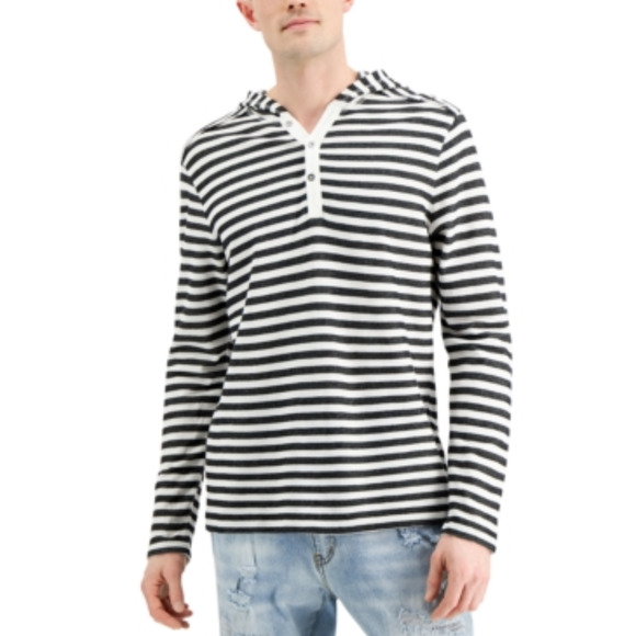 INC International Concepts Men Stripe Hooded Henley White Pure Size M - Picture 1 of 1